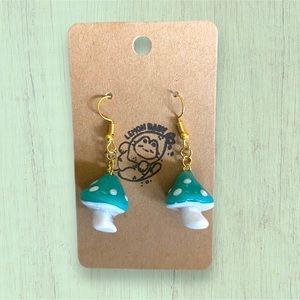 Handmade Green Mushroom Cottagecore Cute Dangle Earrings - Seafoam - Dainty